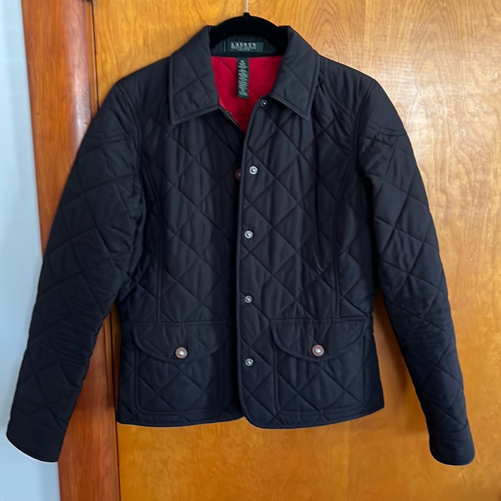 LAUREN Ralph Lauren black quilted peplum waist jacket with snap closure